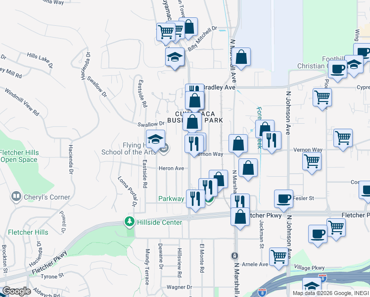 map of restaurants, bars, coffee shops, grocery stores, and more near 1286 Cuyamaca Street in El Cajon