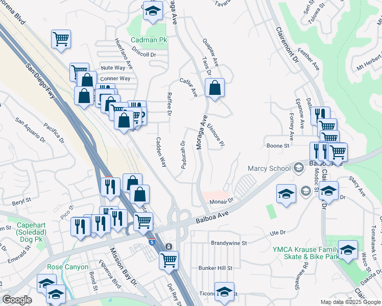 map of restaurants, bars, coffee shops, grocery stores, and more near 3947 Southview Drive in San Diego