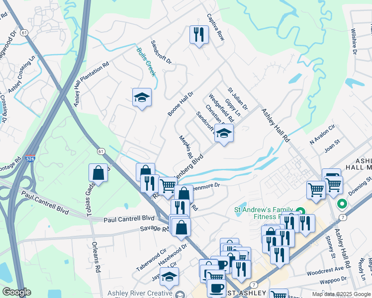 map of restaurants, bars, coffee shops, grocery stores, and more near 1826 Mepkin Road in Charleston