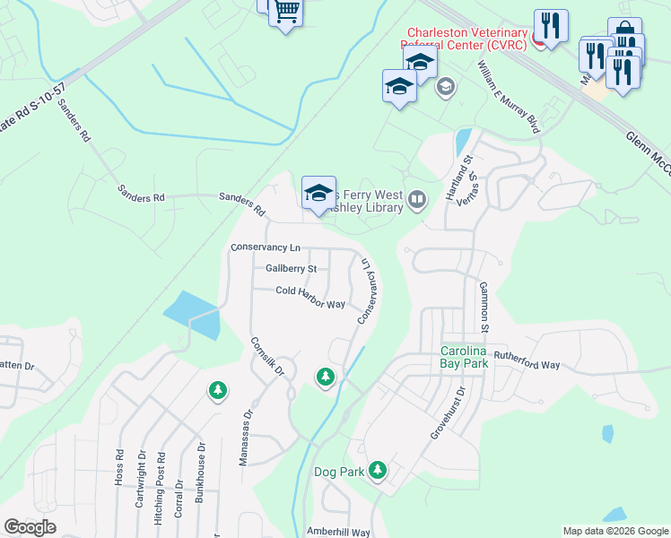 map of restaurants, bars, coffee shops, grocery stores, and more near 1834 Chickasaw Drive in Charleston