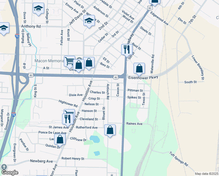 map of restaurants, bars, coffee shops, grocery stores, and more near 522 Colquitt Street in Macon
