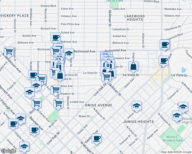 map of restaurants, bars, coffee shops, grocery stores, and more near 6013 Lewis Street in Dallas