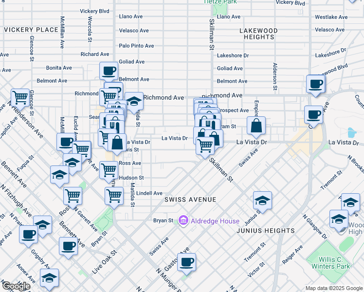 map of restaurants, bars, coffee shops, grocery stores, and more near 6013 Lewis Street in Dallas