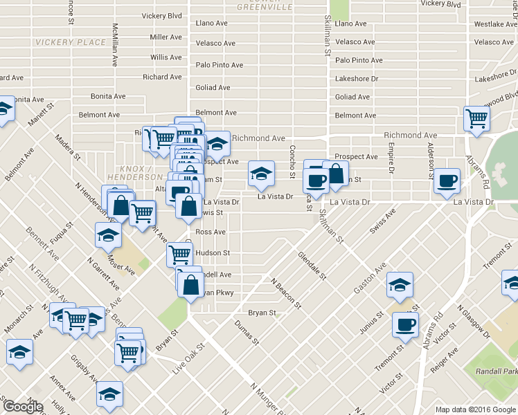 map of restaurants, bars, coffee shops, grocery stores, and more near 5909 Lewis Street in Dallas