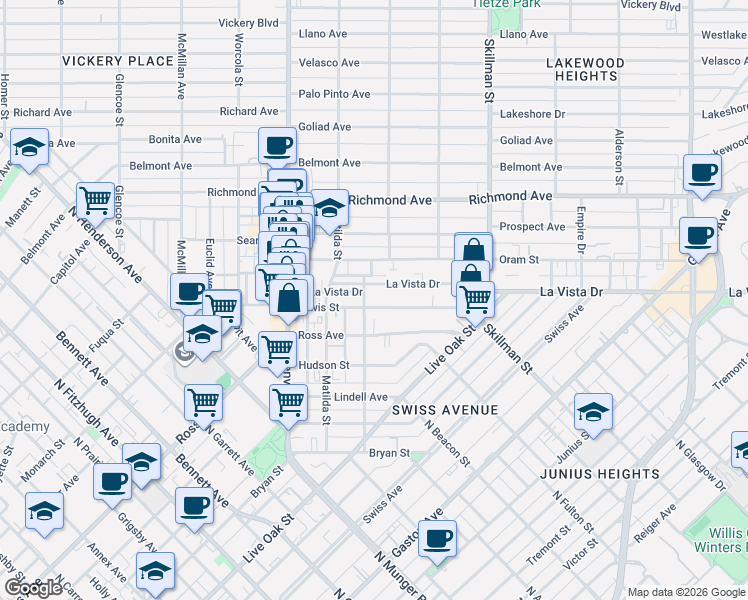 map of restaurants, bars, coffee shops, grocery stores, and more near 5909 Lewis Street in Dallas