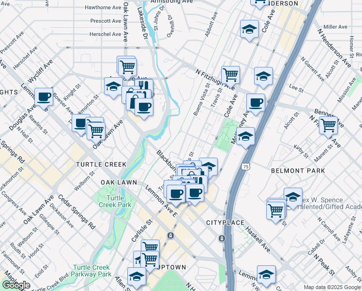 map of restaurants, bars, coffee shops, grocery stores, and more near 3919 Buena Vista Street in Dallas