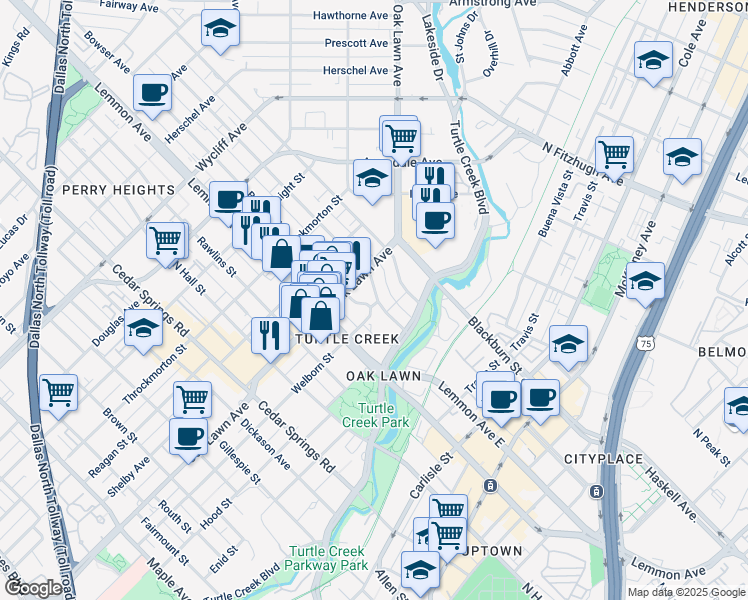 map of restaurants, bars, coffee shops, grocery stores, and more near 3716 Bowser Avenue in Dallas