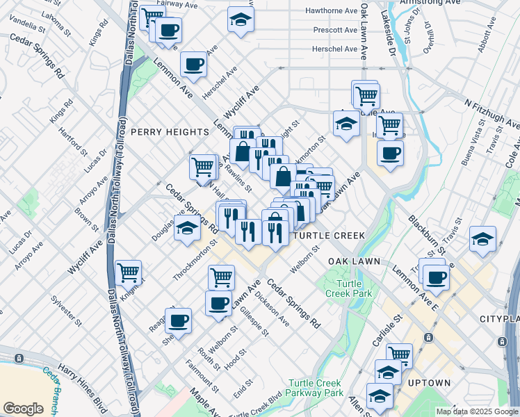 map of restaurants, bars, coffee shops, grocery stores, and more near 3917 Rawlins Street in Dallas