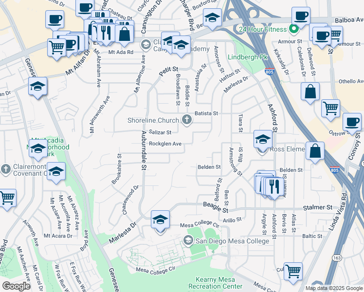map of restaurants, bars, coffee shops, grocery stores, and more near 7035 Rockglen Avenue in San Diego