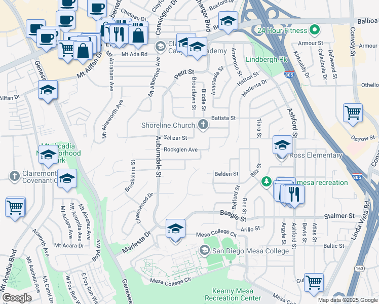 map of restaurants, bars, coffee shops, grocery stores, and more near 6951 Rockglen Avenue in San Diego