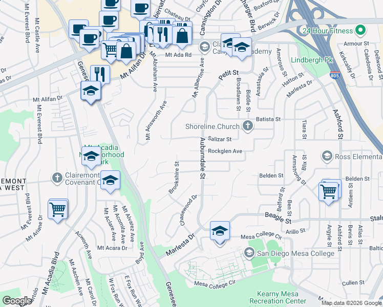 map of restaurants, bars, coffee shops, grocery stores, and more near 6631 Rockglen Avenue in San Diego