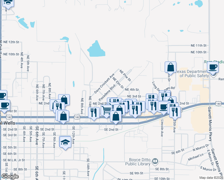 map of restaurants, bars, coffee shops, grocery stores, and more near 500 Pasadena Boulevard in Mineral Wells