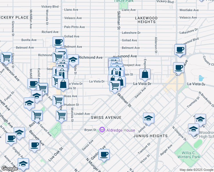 map of restaurants, bars, coffee shops, grocery stores, and more near 6013 Lewis Street in Dallas