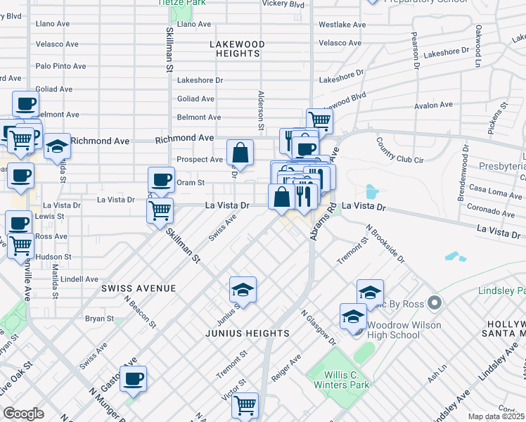 map of restaurants, bars, coffee shops, grocery stores, and more near 6224 La Vista Drive in Dallas