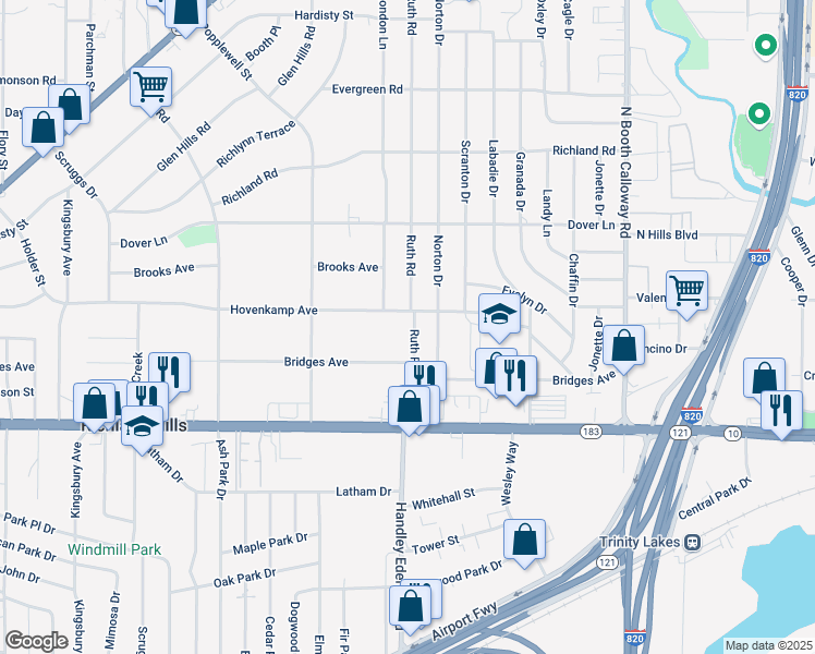 map of restaurants, bars, coffee shops, grocery stores, and more near 3413 Ruth Rd in Richland Hills
