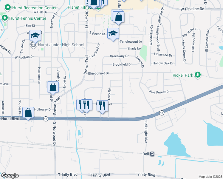 map of restaurants, bars, coffee shops, grocery stores, and more near 220 Terry Rd in Hurst