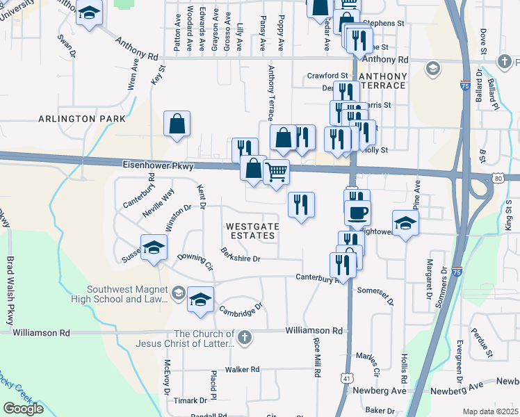 map of restaurants, bars, coffee shops, grocery stores, and more near 1601 Winston Drive in Macon
