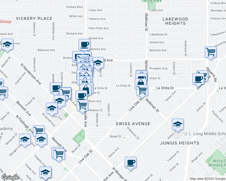 map of restaurants, bars, coffee shops, grocery stores, and more near 5913 Lewis Street in Dallas