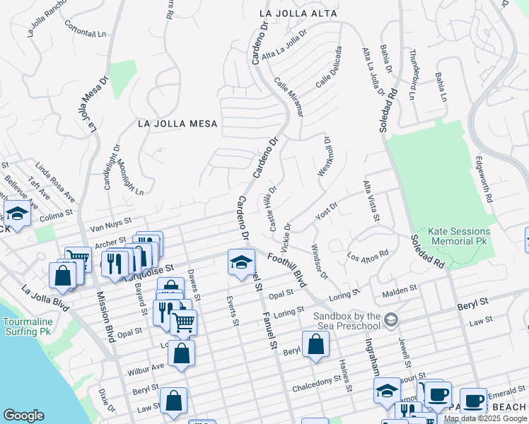 map of restaurants, bars, coffee shops, grocery stores, and more near 5327 Alta Bahia Court in San Diego