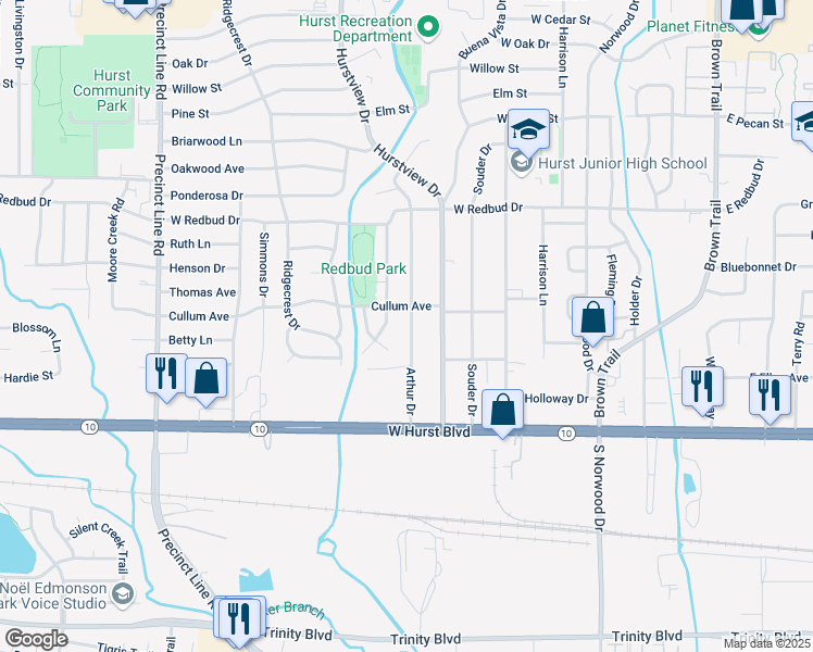 map of restaurants, bars, coffee shops, grocery stores, and more near 225 Arthur Drive in Hurst