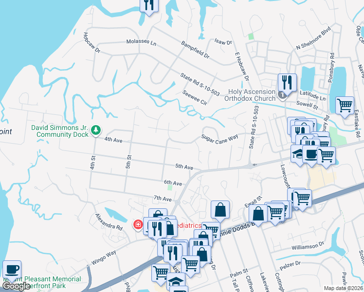map of restaurants, bars, coffee shops, grocery stores, and more near 357 Sugar Cane Way in Mount Pleasant
