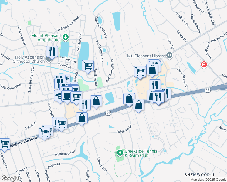 map of restaurants, bars, coffee shops, grocery stores, and more near 436 Carriage Lane in Mount Pleasant