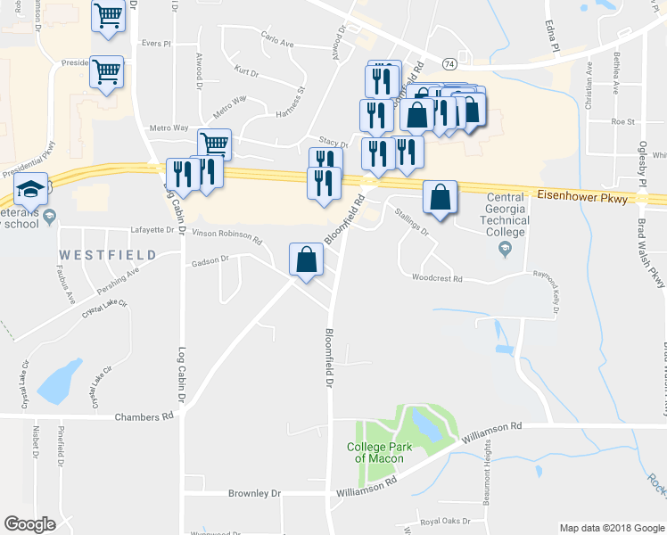 map of restaurants, bars, coffee shops, grocery stores, and more near 2871 Bloomfield Drive in Macon