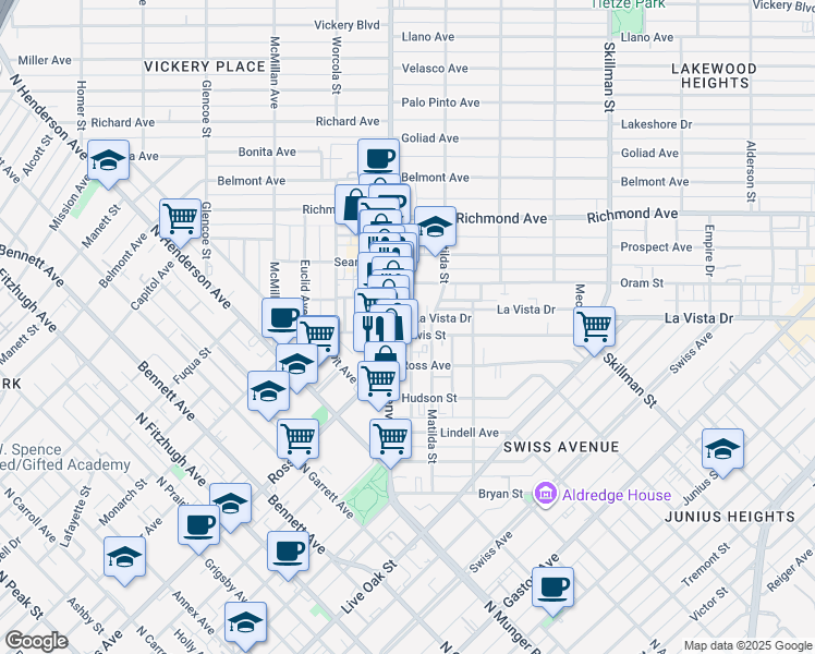 map of restaurants, bars, coffee shops, grocery stores, and more near 5511 Hope Street in Dallas
