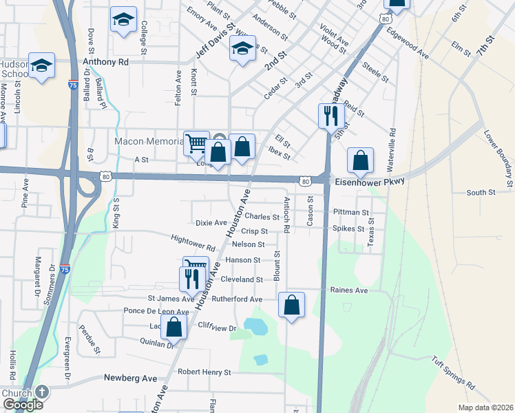 map of restaurants, bars, coffee shops, grocery stores, and more near 576 Colquitt Street in Macon