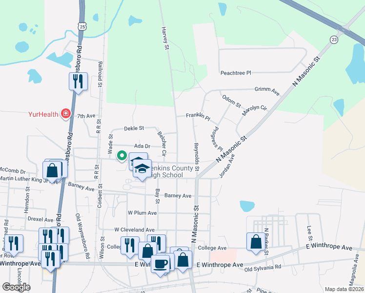 map of restaurants, bars, coffee shops, grocery stores, and more near Reynolds Street in Millen