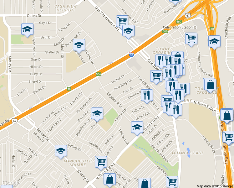 map of restaurants, bars, coffee shops, grocery stores, and more near 2831 Cary Drive in Mesquite