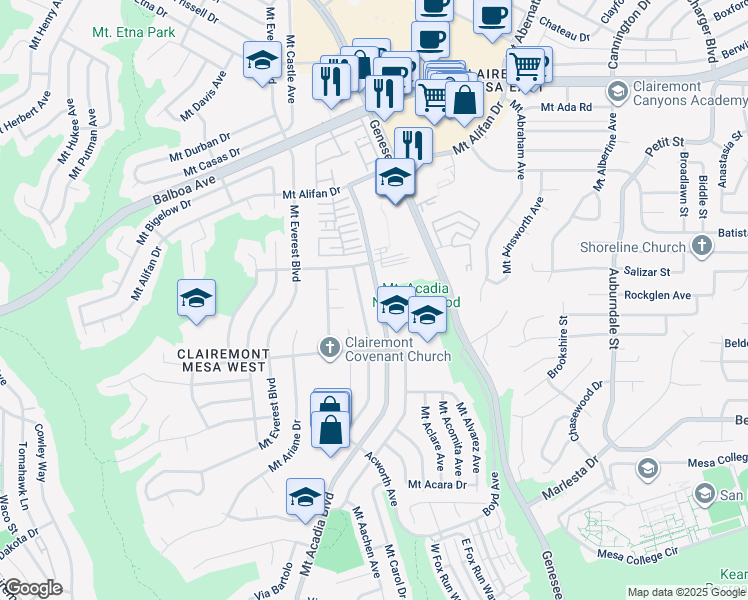map of restaurants, bars, coffee shops, grocery stores, and more near 3912 Mount Acadia Boulevard in San Diego