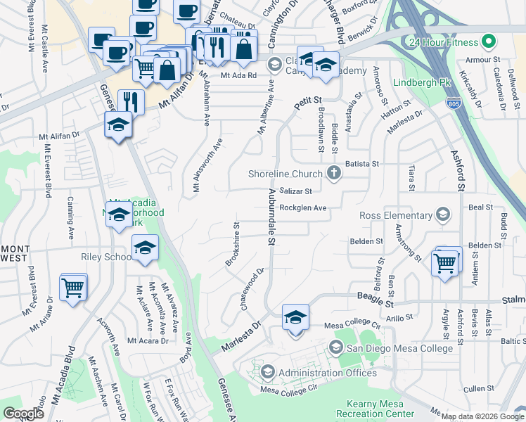 map of restaurants, bars, coffee shops, grocery stores, and more near 6651 Rockglen Avenue in San Diego