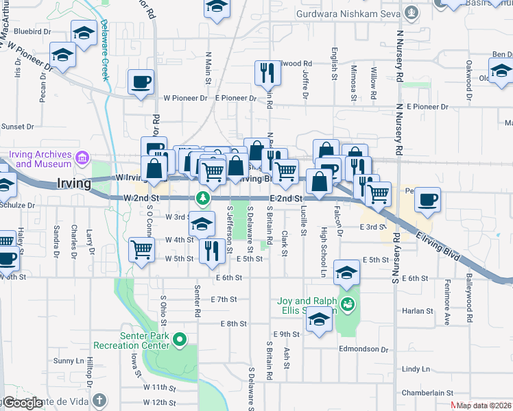map of restaurants, bars, coffee shops, grocery stores, and more near 206 South Delaware Street in Irving