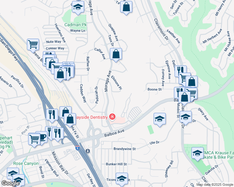 map of restaurants, bars, coffee shops, grocery stores, and more near 3562 Elsinore Place in San Diego