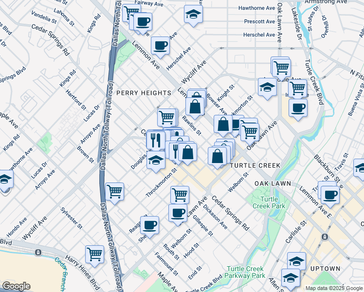 map of restaurants, bars, coffee shops, grocery stores, and more near 4023 North Hall Street in Dallas