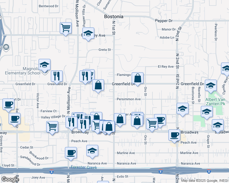 map of restaurants, bars, coffee shops, grocery stores, and more near 1235 North 1st Street in El Cajon
