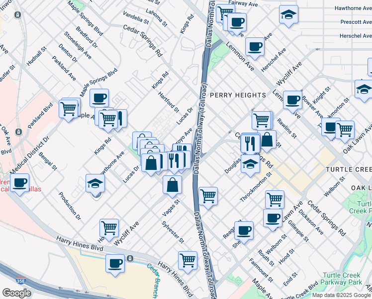 map of restaurants, bars, coffee shops, grocery stores, and more near 2723 Hondo Avenue in Dallas