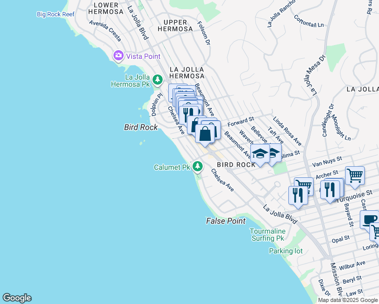 map of restaurants, bars, coffee shops, grocery stores, and more near 5527 Calumet Avenue in San Diego