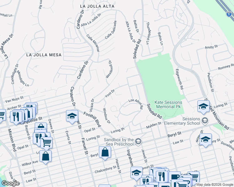 map of restaurants, bars, coffee shops, grocery stores, and more near 5247 Ocean Breeze Court in San Diego