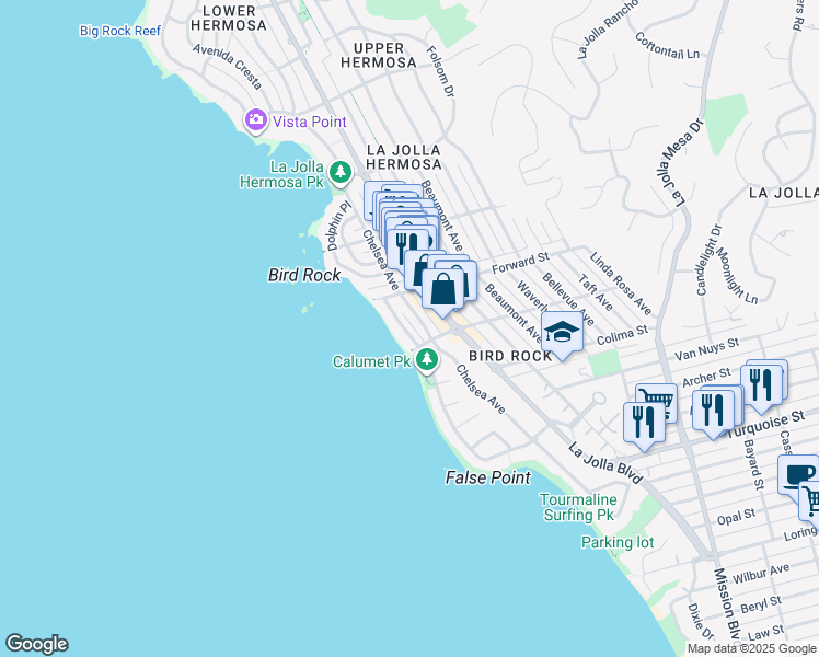 map of restaurants, bars, coffee shops, grocery stores, and more near 5527 Calumet Avenue in San Diego