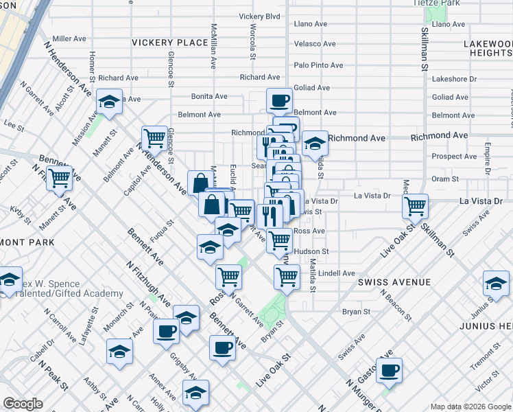 map of restaurants, bars, coffee shops, grocery stores, and more near 1847 Summit Avenue in Dallas