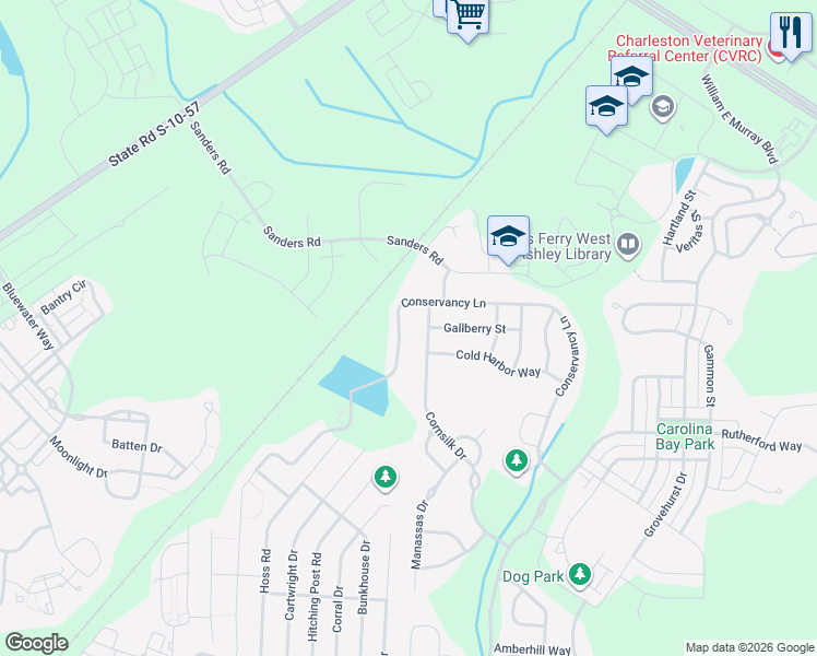 map of restaurants, bars, coffee shops, grocery stores, and more near 3055 Conservancy Lane in Charleston