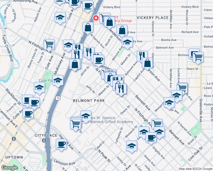 map of restaurants, bars, coffee shops, grocery stores, and more near 4819 Manett St in Dallas