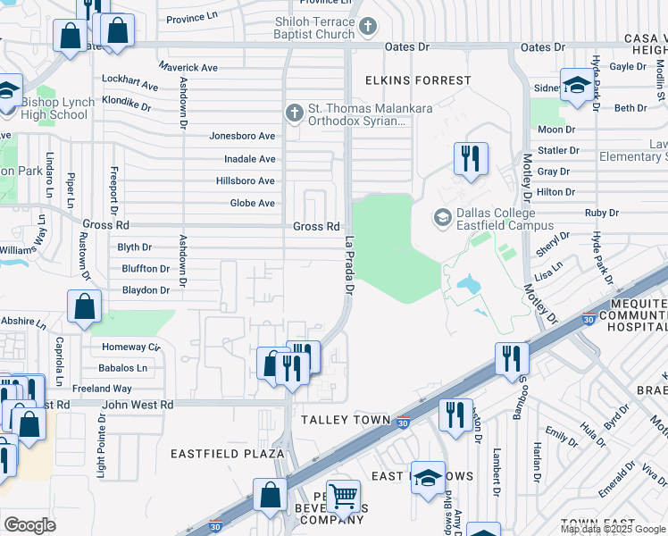 map of restaurants, bars, coffee shops, grocery stores, and more near 8757 La Prada Drive in Dallas