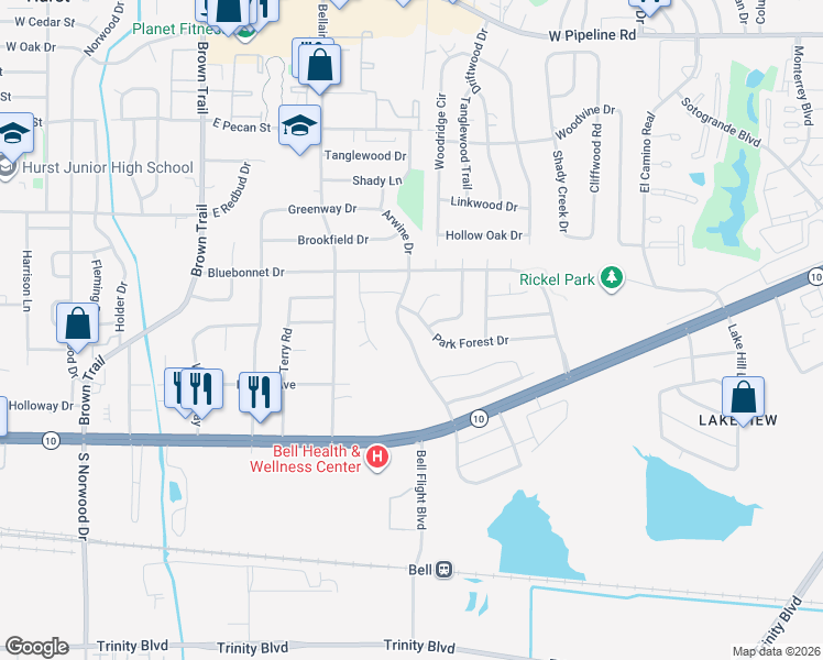 map of restaurants, bars, coffee shops, grocery stores, and more near 220 Arwine Drive in Hurst