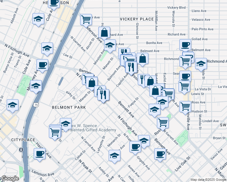 map of restaurants, bars, coffee shops, grocery stores, and more near 2400 Bennett Avenue in Dallas