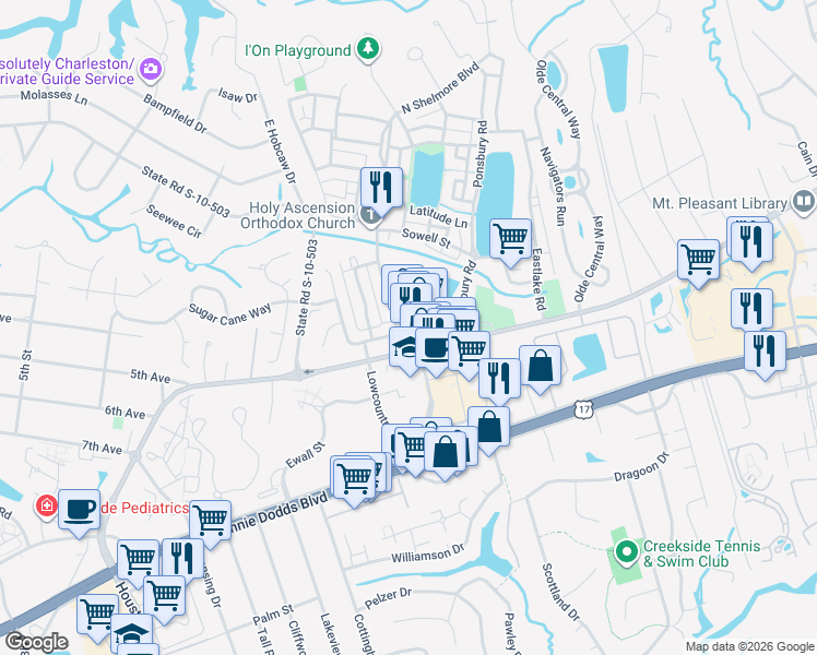 map of restaurants, bars, coffee shops, grocery stores, and more near 361 North Shelmore Boulevard in Mount Pleasant