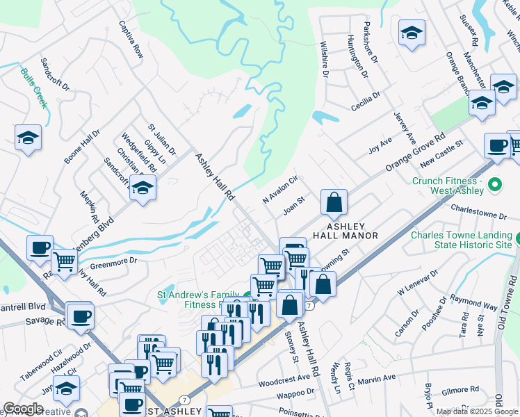 map of restaurants, bars, coffee shops, grocery stores, and more near 1739 West Avalon Circle in Charleston