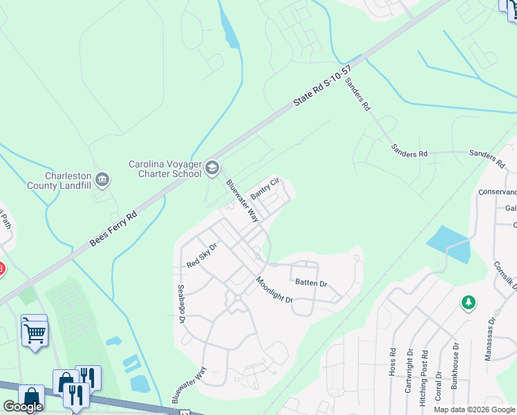 map of restaurants, bars, coffee shops, grocery stores, and more near 111 Bantry Circle in Charleston